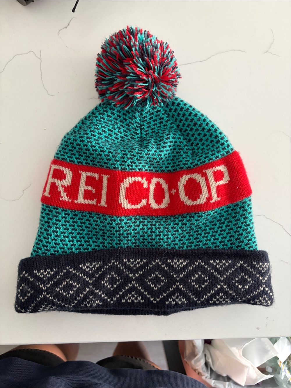REI Co‑op Turquoise, Red & Navy Pom Beanie